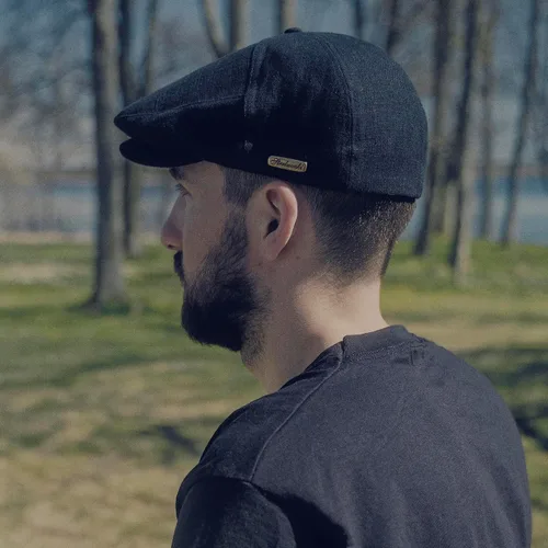 Vista 6 de Sterkowski Swede Cap Gorra plana 100% lino para hombres y mujeres Gorra de verano súper aireada de 5 paneles sin forro Negro