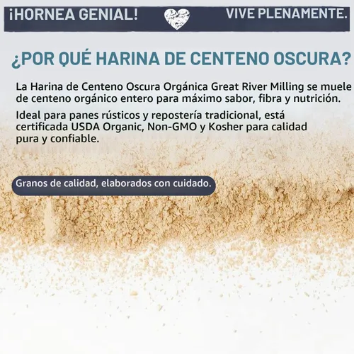 Vista 3 de Great River Milling Harina de centeno oscuro orgánica Grano entero, sin transgénicos, kosher, sin bromatos Sabor terroso para pan de centeno