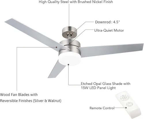 Vista 6 de VONLUCE Ventilador de techo moderno de 52 pulgadas con luces, ventiladores de techo de níquel cepillado contemporáneo, control remoto, ventilador