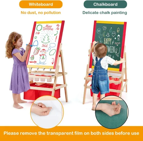 Vista 6 de HONEY JOY Caballete para niños, caballete de madera de doble cara con pizarra magnética y pizarra blanca, rollo de papel, accesorios de pintura