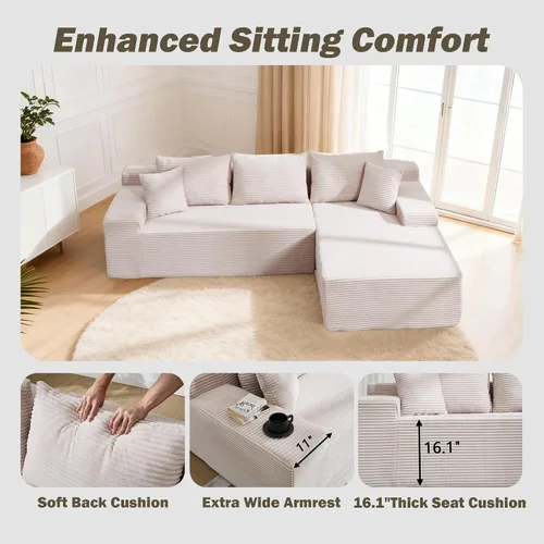 Vista 4 de Sofá modular Cloud de 105 pulgadas con diván en forma de L, sofá modular con asiento profundo, cómodo sofá de pana sin hueso para sala de estar
