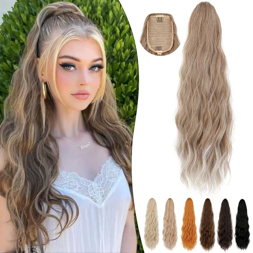 Extensión de cola de caballo de 24 pulgadas de largo, rizado, ondulado, con cordón, extensiones de cabello sintético para mujer, uso diario, mezcla