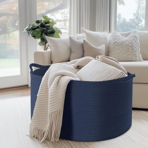 Vista 2 de Maliton - Cesta de manta extra grande, canasta de cuerda de algodón para juguetes, cesta de lavandería tejida con asas, almacenamiento decorativo