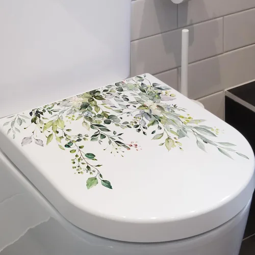 Vista 2 de Calcomanías autoadhesivas para tapa de inodoro, hojas y flores, diseño de plantas verdes, calcomanías para la tapa del inodoro, calcomanía