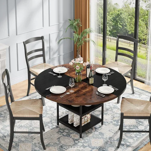 Vista 8 de Tribesigns Mesa de comedor redonda de 47 pulgadas para 4 personas, mesas de comedor circulares con estantes de almacenamiento y parte superior