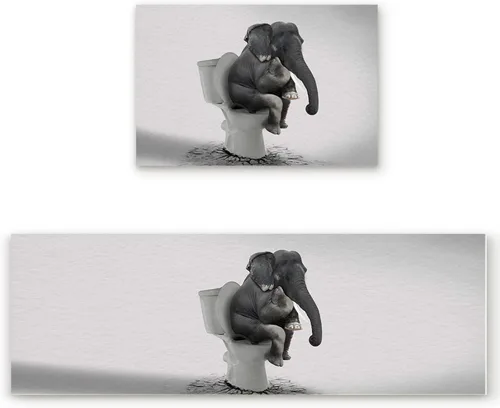 Kitchen Rug Mats Set of 2 Piece Heavy Elephant Sitting on a Toilet Non Slip Cushioned Rug Funny Animals Anti-Fatigue Washable Comfort Floor Mat