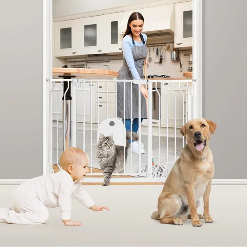 Vista 4 de Puertas para bebés con puerta para gatos, cierre automático de 29.5 a 48.4 pulgadas, puerta de metal de seguridad para mascotas, para puerta