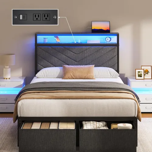 Vista 9 de Fluest Base de cama Queen con 2 cajones, cabecera tapizada con estación de almacenamiento y carga, luces LED, cajones de tela con ruedas Gris