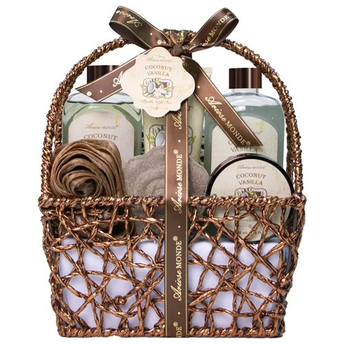Cestas de regalo de spa - Set de baño de coco y vainilla para mujer, kit de spa relajante de lujo con bombas de baño, loción corporal y exfoliante