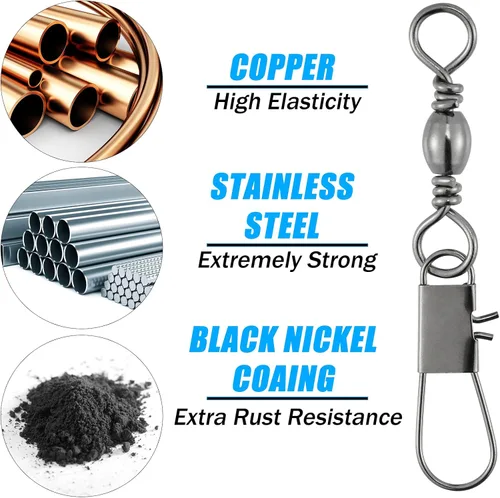 Vista 9 de Dr.Fish Paquete de 50 aparejos de pesca giratorios de barril, accesorios de pesca de acero inoxidable, cierre de seguridad de acero inoxidable