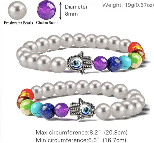 Vista 6 de Pulsera Hamsa para parejas, pulsera a juego para parejas, pulsera contra el mal de ojo de 0.315 in, pulsera elástica de piedra natural, pulsera