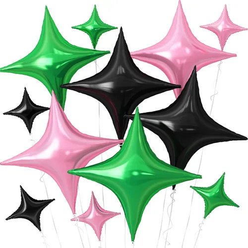 Vista 9 de Globos de Estrella Negra, 12 Piezas Globos de Papel de Aluminio de Estrella de Cuatro Ángulos, 26 Pulgadas y 10 Pulgadas Globo de Película de Negro