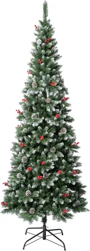 National Tree Company First Frosted Traditions - Árbol de Navidad delgado con ramas con bisagras, piñas y bayas rojas, 7.5 pies