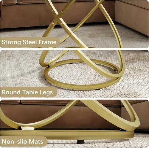 Vista 7 de Mesa de centro de cristal, mesa de centro redonda con marco de metal dorado, mesa de centro minimalista moderna para decoración, mesas de centro