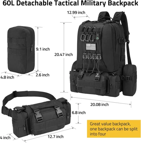 Vista 3 de CVLIFE Mochila militar grande táctica del ejército 60L Bugout Survival Molle bolsa con anillo en D Molle clips accesorios, Negro -, Moderno