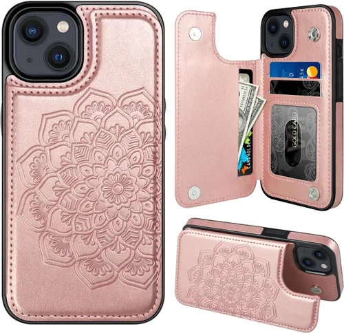 Vista 22 de MMHUO para iPhone 14 Funda con Tarjetero, Funda Flip Magnética con Flores en la Parte Posterior para Cartera de iPhone 14 para Mujeres, Funda Azul