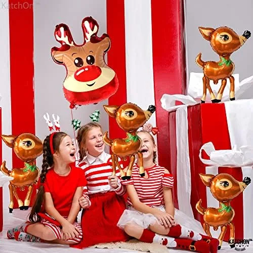 Vista 4 de KatchOn, Globos de reno de Navidad, grandes, paquete de 5 Globo de aluminio de reno para decoraciones de fiesta de renos Globos de aluminio