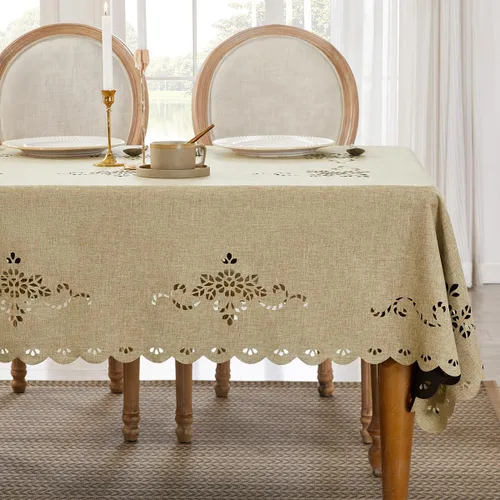 Vista 10 de Wracra Mantel redondo de macramé impermeable, estilo lino de granja, resistente a las arrugas, lavable, para interiores y exteriores