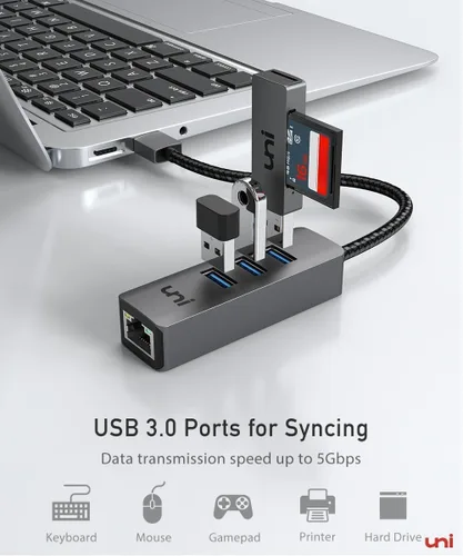 Vista 3 de uni Adaptador USB a Ethernet, concentrador USB 3.0 con 100/1000 Mbps RJ45 Ethernet sin controlador, resistente adaptador de red USB-A a LAN