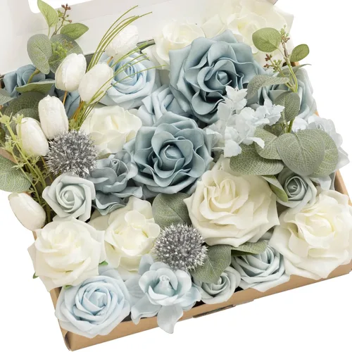 Vista 56 de Ling's moment Caja de flores artificiales, tallos de follaje artificial falso, rosas de espuma, dalia de seda, hierba de pampas, flor de tela