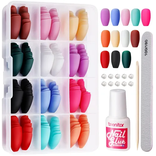 Vista 7 de Teenitor Uñas postizas a presión con forma de almendra mediana, 288 uñas postizas a presión en forma de almendra con pegamento, uñas con pegamento