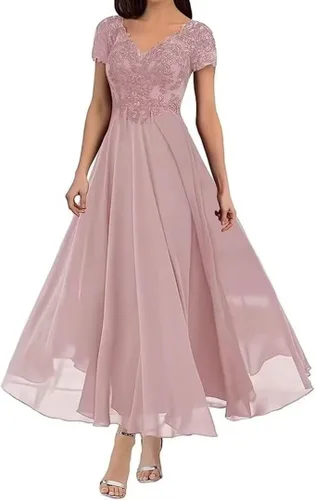 Vestidos de noche formales de gasa con mangas y cuello en V para madre de la novia