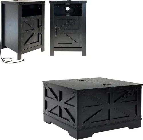Vista 27 de Juego de mesa auxiliar de granja con estación de carga, mesas de sala de estar con almacenamiento oculto, mesas de noche cuadradas de madera, mesita
