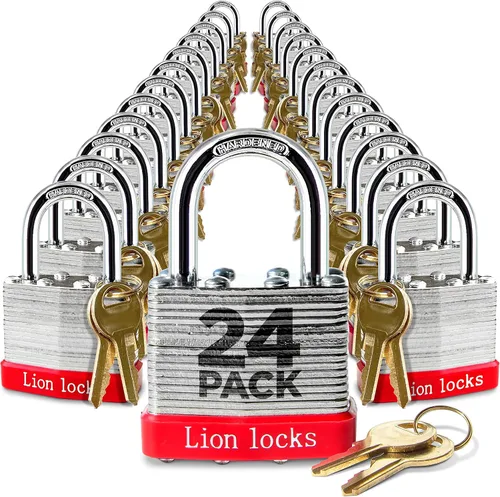 Vista 12 de Lion Locks 4 Candados de Llave Igual con Grillete Largo de 2", 8 Llaves, Candado de Acero Endurecido, Cilindro de Pines de Latón Resistente a