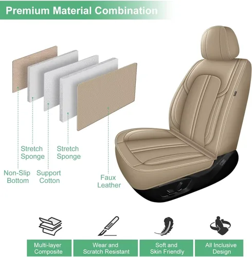 Vista 5 de 2 fundas de asiento delantero para Cadillac XT6 2020-2024 2025, de piel sintética, impermeables, protectores de cojín compatibles con bolsa de aire