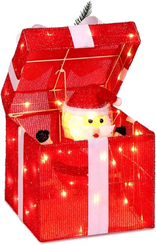 VINGLI Caja de regalo iluminada roja de 12 pulgadas, muñeco de nieve iluminado, Papá Noel, decoración eléctrica de Navidad, luces LED, para
