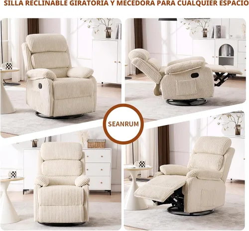Vista 7 de Silla mecedora reclinable de 360° para adultos, silla reclinable para cuarto de bebé con bolsillo lateral, un cómodo sillón de sofá individual