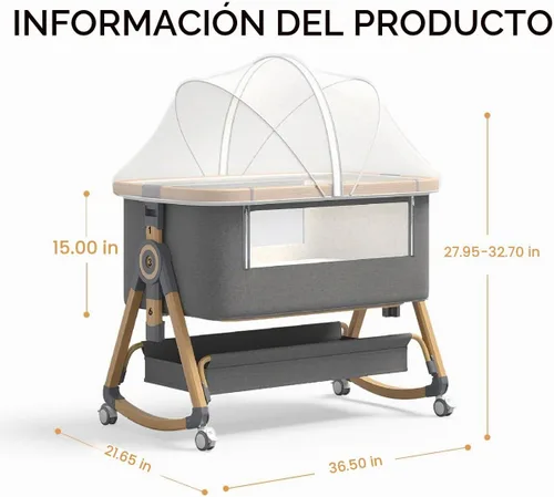 Vista 7 de Moises para Bebe - Moisés para bebé portátil 4 en 1 con ruedas, cómodo colchón y cesta de almacenamiento, moises para bebe de 6 alturas ajustables