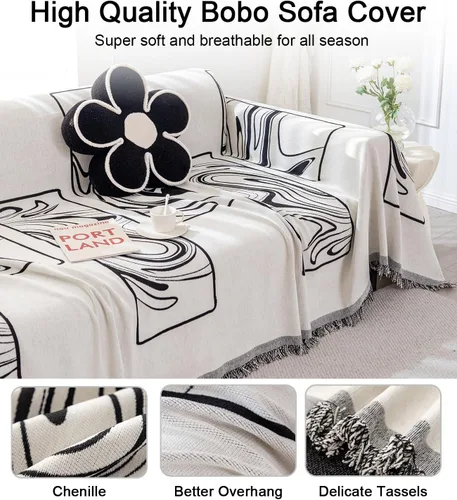 Vista 2 de Funda de sofá bohemia de chenilla, suave, apta para mascotas, protector de muebles multiusos con borlas, lavable para sofá de 3 cojines