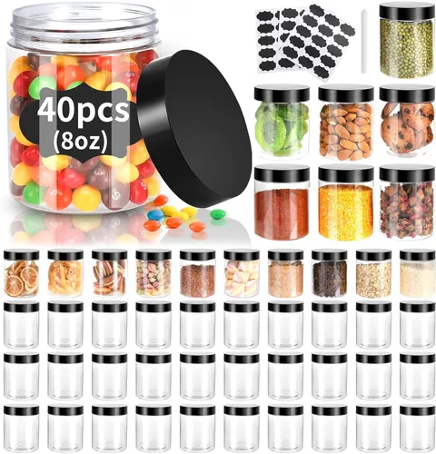 Paquete de 40 frascos de plástico con tapas, Gencywe 8 oz recipientes transparentes para limo y cosméticos con bolígrafo y etiquetas, frascos de