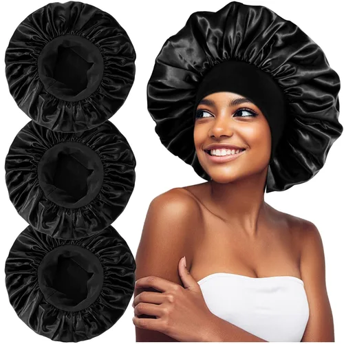 Vista 13 de 3 piezas de gorros de satén extra grandes para dormir, gorros de pelo para mujeres afroamericanas con trenzas y cabello rizado, A