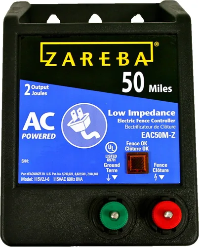 Zareba 50 Millas Cargador Eléctrico de Valla con Alimentación de CA de Baja Impedancia - Contiene Cerdos, Cabras, Caballos, Ganado y Más - Mantén a
