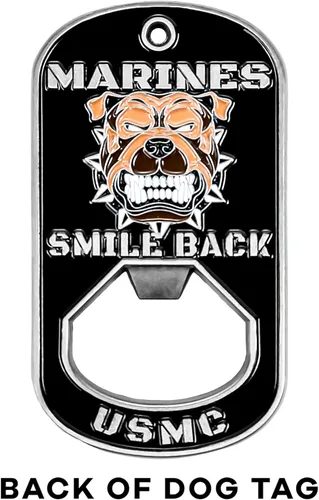 Vista 3 de Military Gift Shop One USMC Death Smiles at Everyone – Marines Smile Back - Abridor de botellas de identificación para perro – Abrebotellas