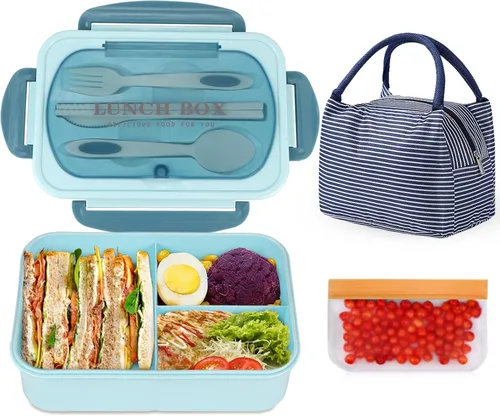 NatraProw Lonchera Bento para adultos con bolsa, contenedores de almuerzo para adultos, sin BPA, lonchera de 3 compartimentos, apta para microondas,