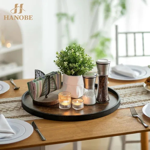 Vista 8 de Hanobe Bandeja Decorativa para Mesa de Café: Bandeja de Madera Marrón Redonda, Bandejas de Madera Rústicas Circulares, Centro de Mesa de Granja