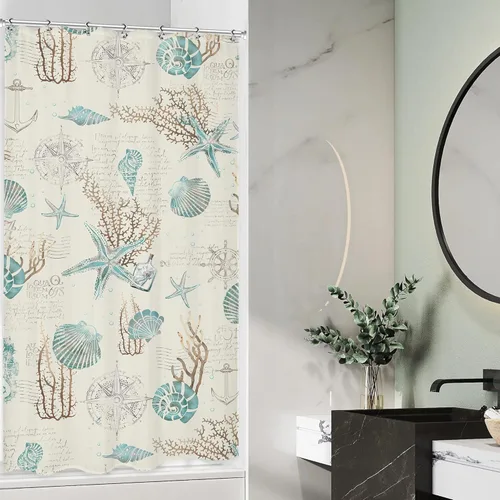 Vista 3 de Omifly - Cortina de ducha pequeña con estrellas de mar y conchas marinas, de 36 pulgadas de ancho x 72 pulgadas de alto, temática náutica