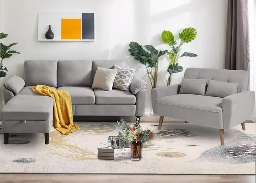 Vista 14 de Juego de sofás modulares de 3 piezas, sofás de 3 plazas en forma de L y sofá biplaza con sillón y otomana de almacenamiento para sala de estar, Verde