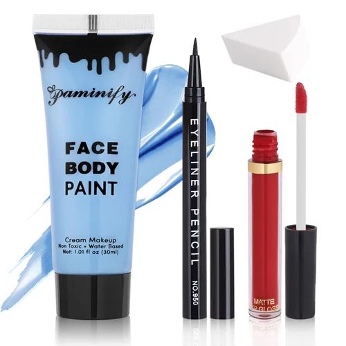 Vista 23 de Kit de maquillaje de Halloween de pintura facial roja, diadema de cuernos de diablo para mujer, pintura de cuerpo rojo a base de agua de 1.01 onzas