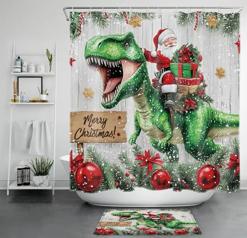 Vista 18 de HVEST Christmas Ball Shower Curtain, Blue Christmas Ball with Silver Pine Tree on Grey Board Bathroom Shower Curtain with Hooks, Snow Snowflake