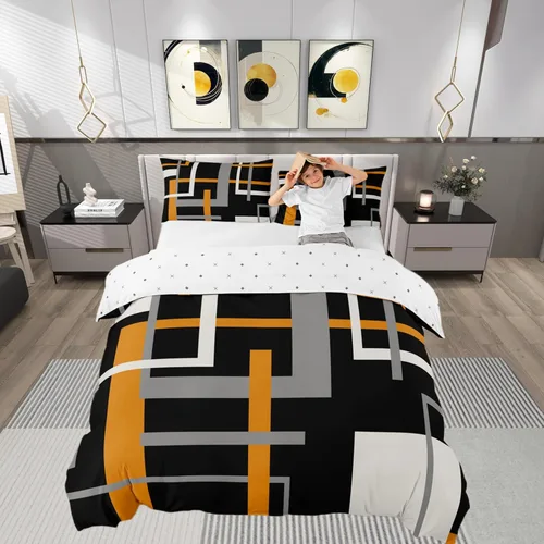 Vista 11 de Funda de edredón cuadrada azul, juego de ropa de cama de cuadrícula gris y blanca, funda de edredón moderna para decoración de habitación de niños