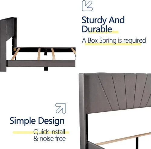 Vista 10 de Base de cama de plataforma tamaño Queen con cabecera tapizada de terciopelo y soporte de listones de madera, cama y cabecera tamaño Queen, no Beige