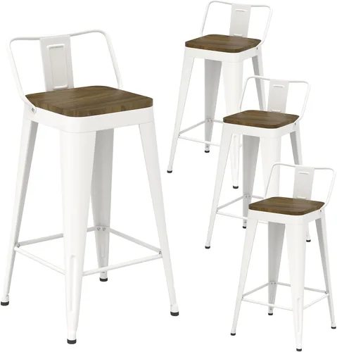 Vista 10 de Juego de 4 taburetes de bar de metal, taburetes de bar con respaldo alto con asiento de madera, taburetes de bar negros de 24 pulgadas para isla