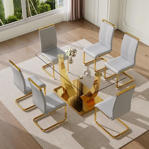 Vista 37 de Juego de mesa de comedor de 63 pulgadas para 4, juego de mesa de comedor dorado moderno para 4, juego de mesa de cocina de mármol sintético