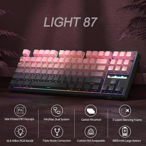Vista 3 de MageGee LIGHT87 Wireless Creamy Keyboard, Gasket Structure, RGB Backlit, 2.4G/USB-C/BT5.0 Hot Swappable Mechanical Gaming Keyboard for Win/Mac/PC