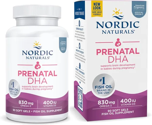 Nordic Naturals DHA prenatal, sin sabor, 830 mg de omega-3 + 400 UI de vitamina D3, 90 geles blandos, apoya el desarrollo cerebral en bebés durante