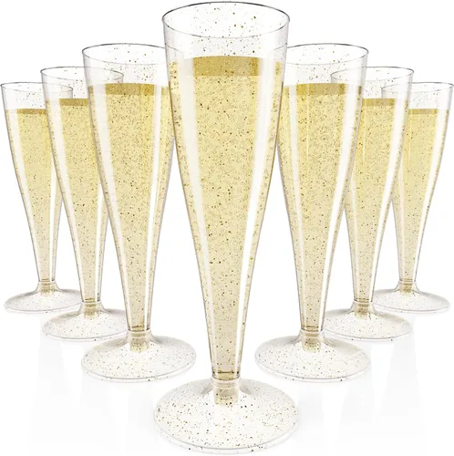 JOLLY CHEF Paquete de 100 copas de champán de plástico desechables de 4.5 onzas con purpurina dorada para boda, día de Acción de Gracias, Navidad